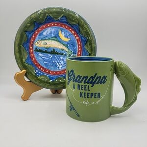 Hallmark Life Is Good Grandpa Fishing Mug + Mesa Int'l Vtg Fish Plate Gift Set